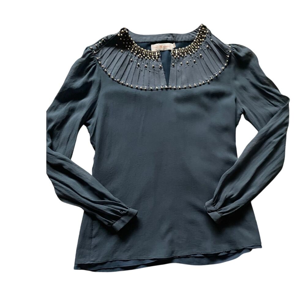 Tory Burch Silk Sheer Beaded/Pearl Top Slate Color Blue/grey Size 0 Classy Fem